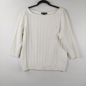 Lauren Ralph Lauren Cable Knit Boatneck Cotton Sweater White 1x